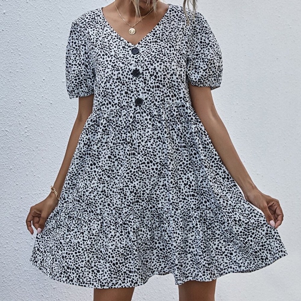 v neck dalmatian button ruffle babydoll dress - Picture 5 of 6